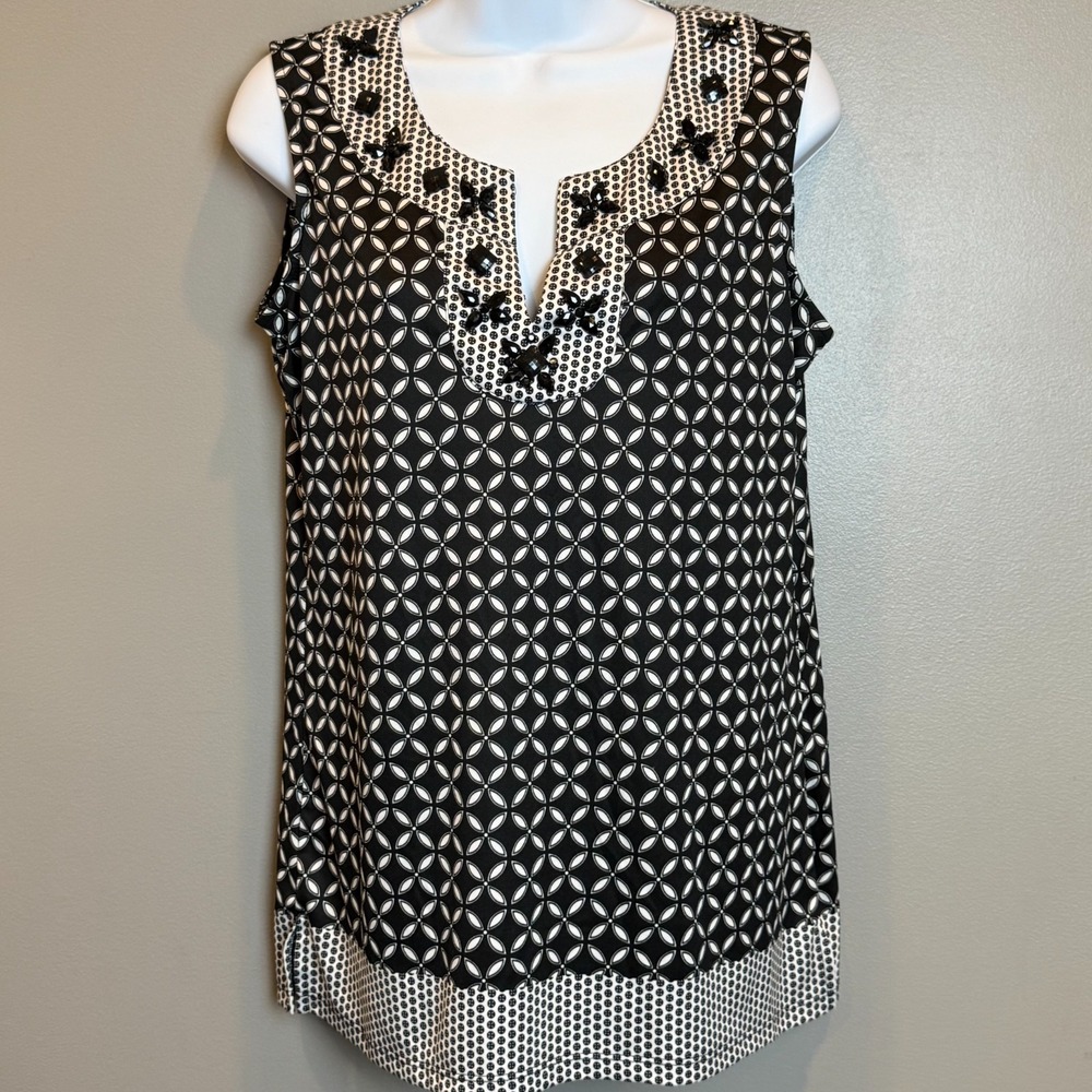 Requirements Embellished Sleeveless Blouse Women's Medium Black White Geometric
